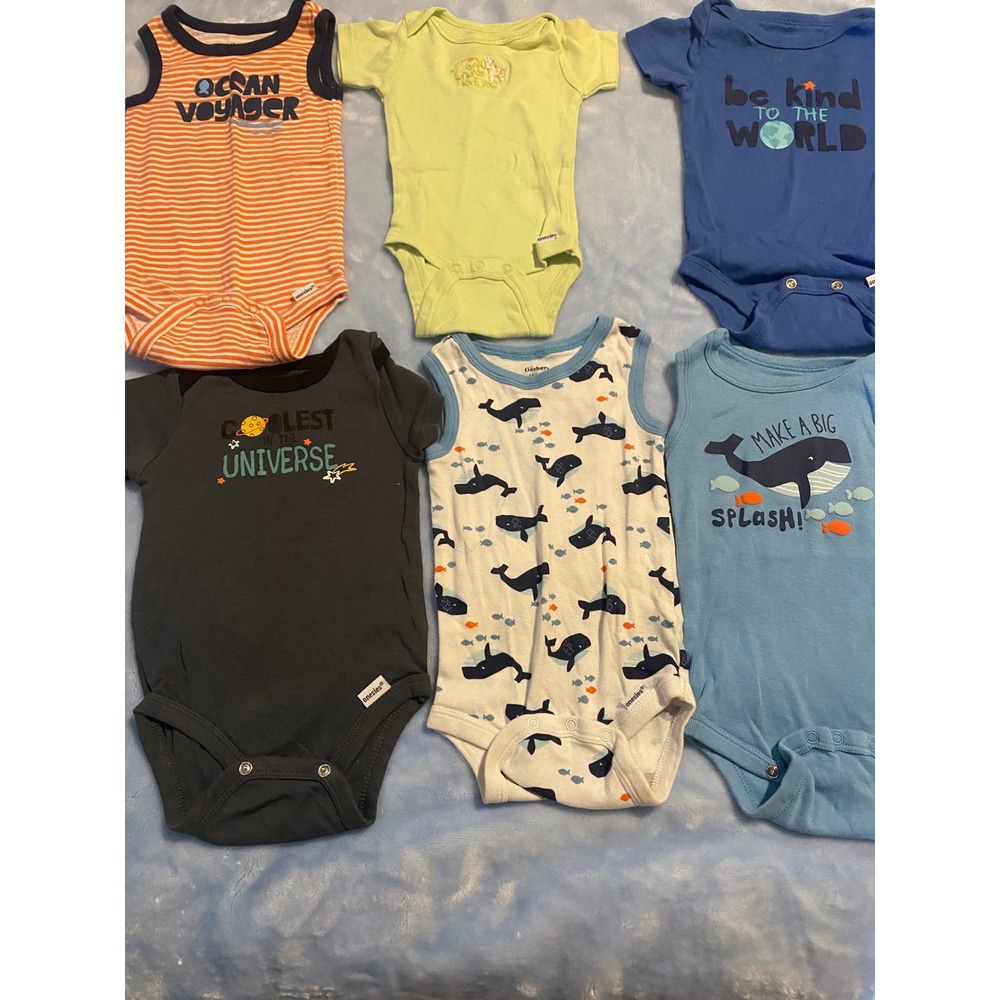 Gerber Onesies Baby Boys 3-6 Months Bodysuit Lot 6pk Nautical Space Whale Blue